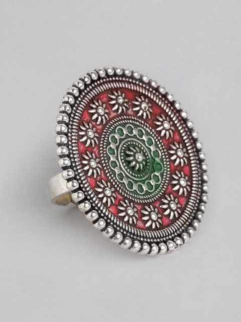 

Anouk Red & Green Oxidized Silver-Plated Meenakari Adjustable Finger Ring
