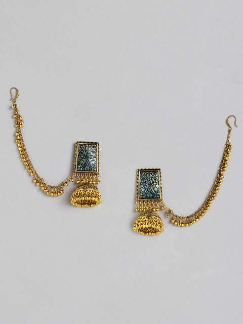

Anouk Antique Gold-Plated Blue Enamelled Classic Jhumkas With Ear Chains