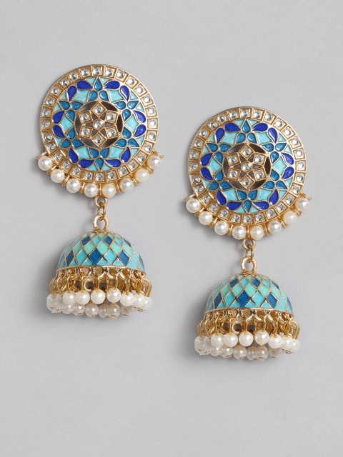 

Anouk Gold-Plated & Blue Enamelled Stones & Beads Studded Dome Shaped Jhumkas