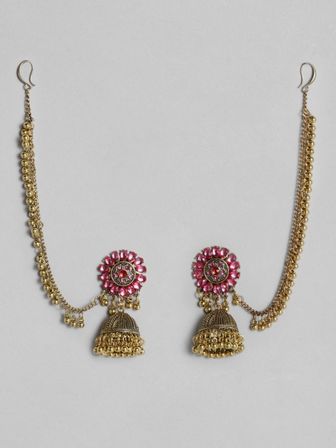 

Anouk Pink Gold Plated Dome Shaped Jhumkas with Chain