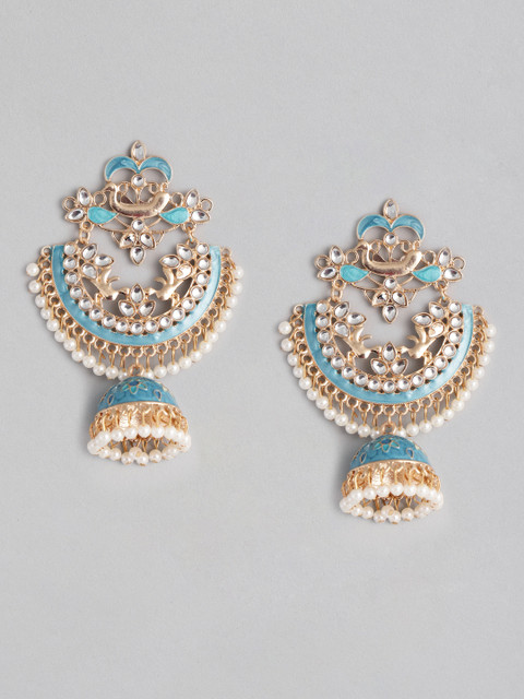 

Anouk Blue Gold-Plated Stone Studded & Beaded Enamelled Dome Shaped Jhumkas