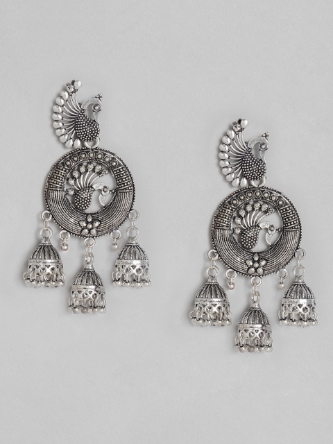 

Anouk Oxidised Silver-Plated Peacock Shaped Jhumkas
