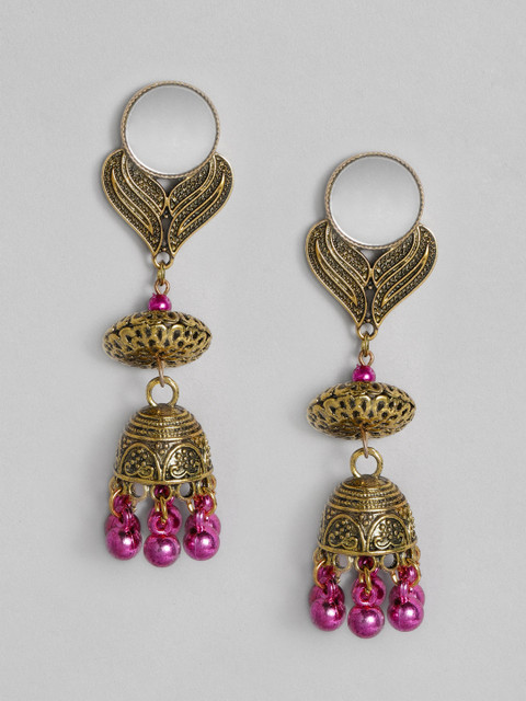 

Anouk Antique Gold-Toned & Purple Mirror Work Dome Shaped Jhumkas