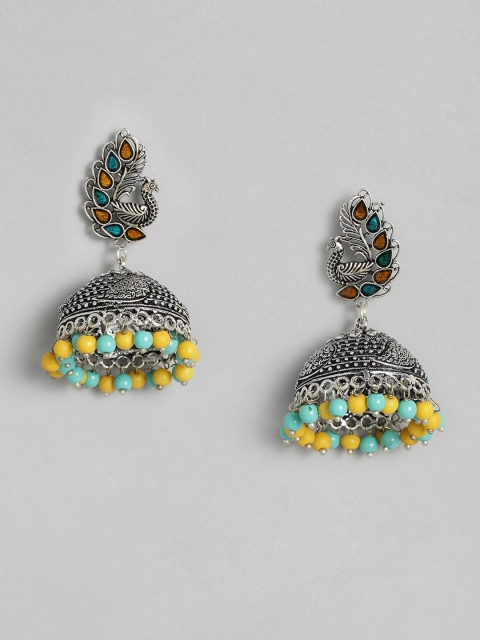 

Anouk Yellow Silver-Plated Oxidized Peacock Shaped Jhumkas