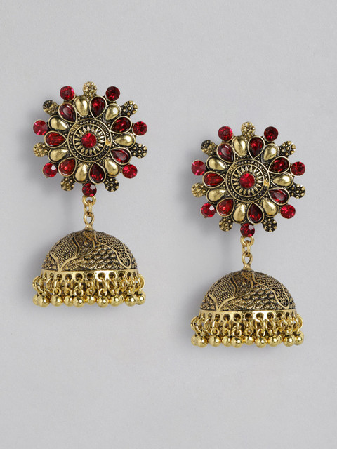 

Anouk Red Antique Gold-Plated Studded Dome Shaped Jhumkas