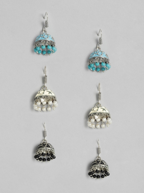 

Anouk Set Of 3 Silver-Toned Dome Shaped Oxidized Jhumkas