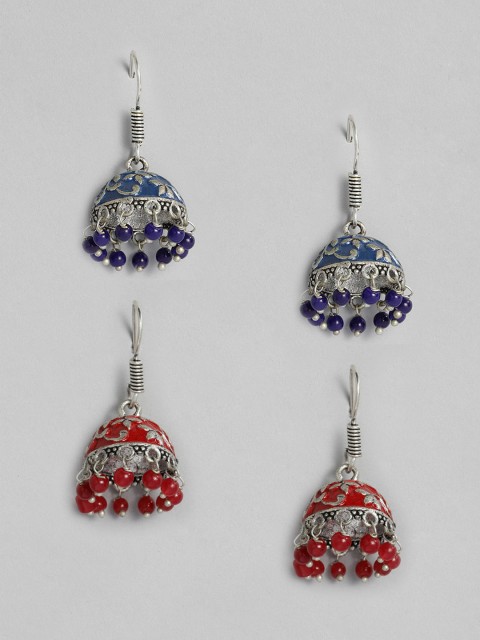 

Anouk Set Of 2 Silver-Toned Dome Shaped Oxidized Jhumkas