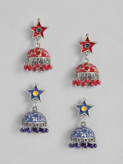 

Anouk Set of 2 Meenakari Oxidized Silver-Plated Beaded Dome Shaped Jhumkas, Blue