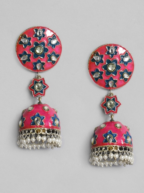 

Anouk Silver-Plated Pink & Blue Enamelled Stones & Beads Studded Dome Shaped Jhumkas