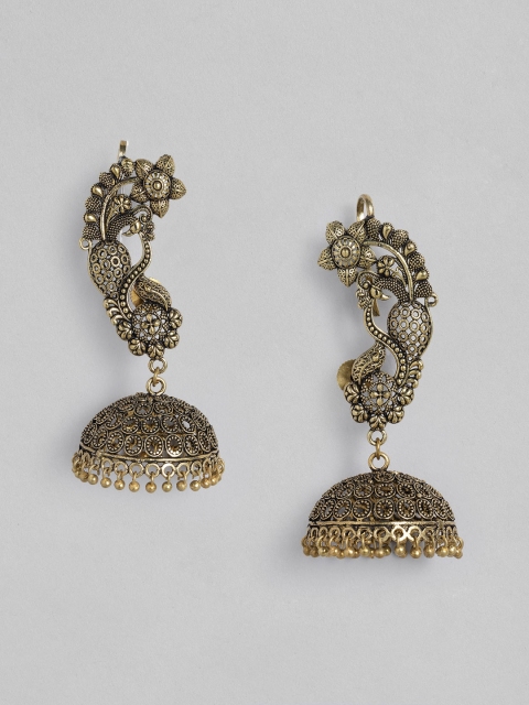 

Anouk Antique Gold-Plated Peacock Shaped Jhumkas With Attached Ear Cuffs