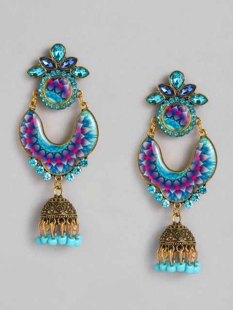 

Anouk Blue & Pink Antique Gold-Plated Enamelled Embellished Jhumkas