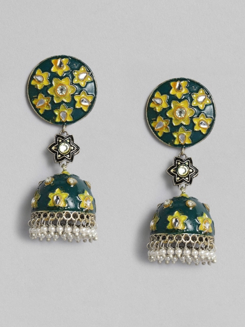 

Anouk Silver-Plated & Green Enamelled Stones & Beads Studded Dome Shaped Jhumkas