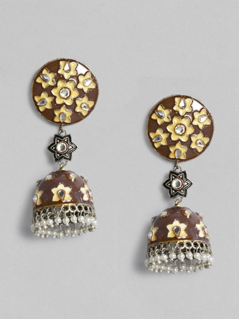 

Anouk Silver-Plated Brown & Yellow Enamelled Stones & Beads Studded Dome Shaped Jhumkas