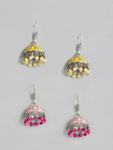 

Anouk Set Of 2 Silver-Toned & Yellow Dome Shaped Jhumkas