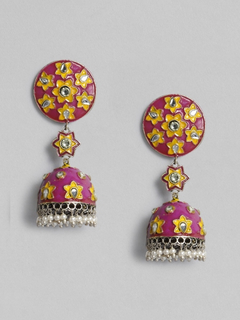 

Anouk Silver-Plated & Pink Enamelled Stones & Beads Studded Dome Shaped Jhumkas