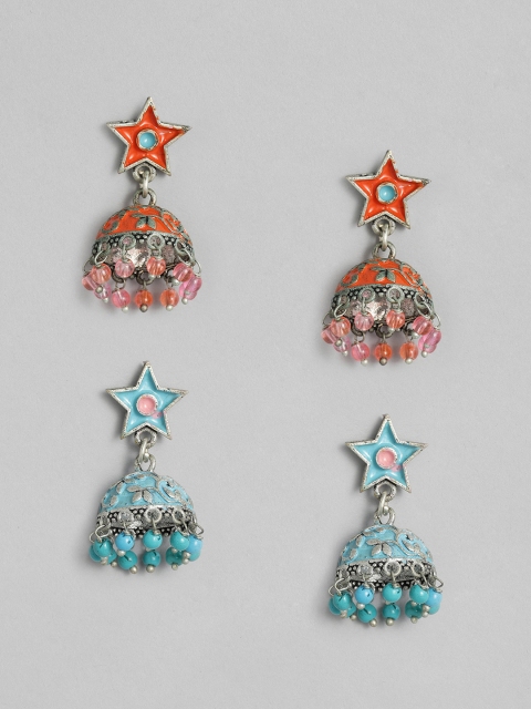 

Anouk Set Of 2 Silver-Toned & Orange Dome Shaped Jhumkas