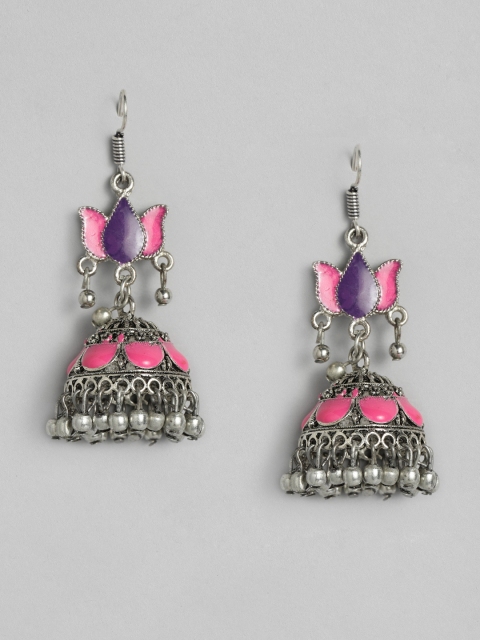 

Anouk Pink Silver-Plated Oxidized Enamelled Dome Shaped Jhumkas