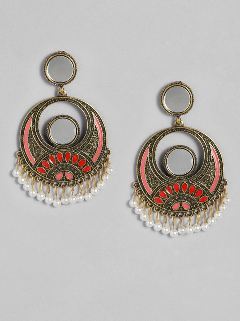 

Anouk Red & Pink Enamelled Mirror Antique Gold-Plated Circular Drop Earrings