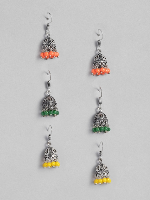 

Anouk Set of 3 Oxidized Silver-Plated Beaded Dome Shaped Jhumkas, Orange