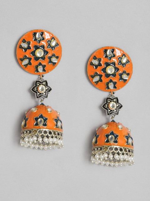 

Anouk Silver-Plated & Orange Enamelled Stones & Beads Studded Dome Shaped Jhumkas