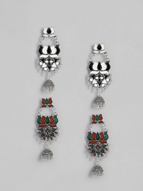 

Anouk Set of 2 Enamelled Oxidized Silver-Plated Floral Jhumkas