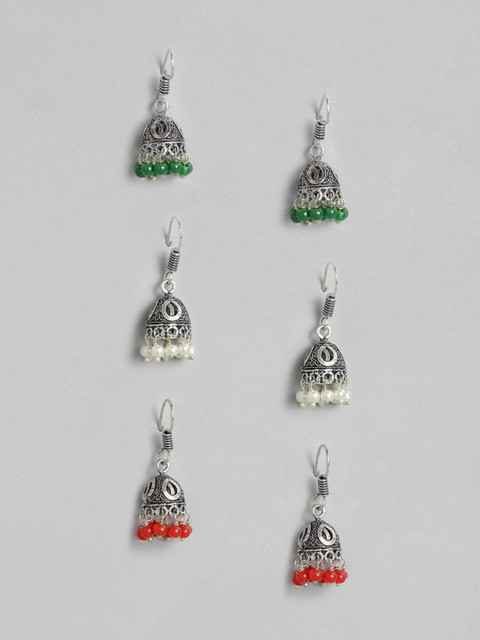 

Anouk Set Of 3 Silver-Toned Dome Shaped Oxidized Jhumkas
