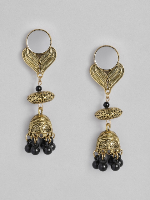 

Anouk Black & Antique Gold-Toned Mirror Work Dome Shaped Jhumkas