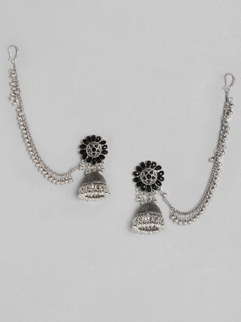 

Anouk Black Silver-Plated Oxidized Dome Shaped Jhumkas with Earchain