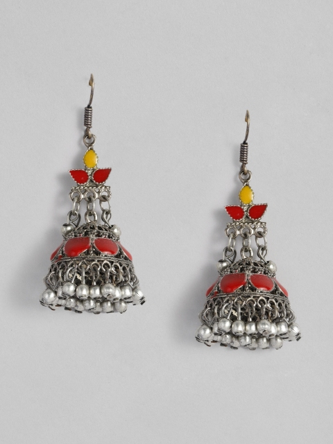 

Anouk Silver-Plated & Red Dome Shaped Jhumkas