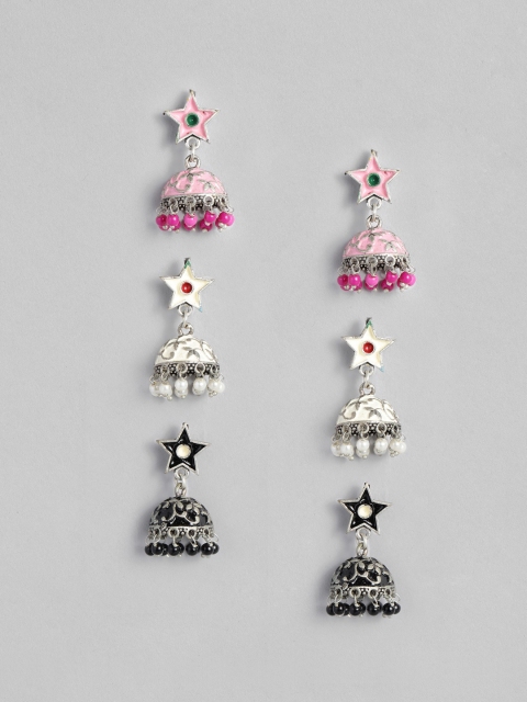 

Anouk Set of 3 Meenakari Oxidized Silver-Plated Beaded Dome Shaped Jhumkas, Cream