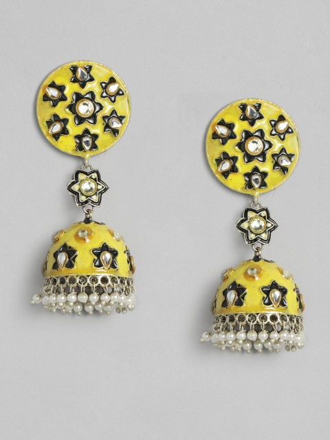 

Anouk Yellow Silver-Plated Enamelled Dome Shaped Jhumkas