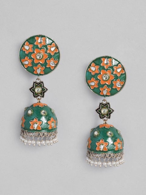 

Anouk Silver-Plated Green Enamelled Stones & Beads Studded Dome Shaped Jhumkas