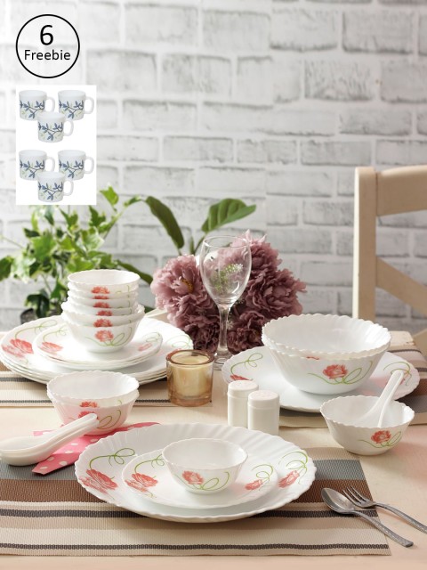 

Laopala Set Of 35 White & Pink Printed Opalware Dinner Set