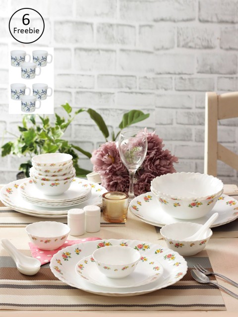 

Laopala White & Pink Opalware 35 Pc Dinner Set with 6 Coffee Mugs Set