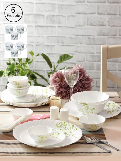 

Laopala White & Green 35 Pcs Printed Opalware Dinner Set & 6 Pcs Coffee Mugs