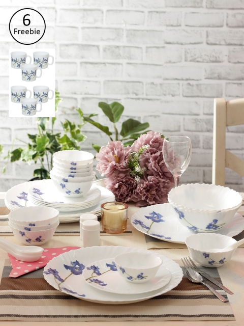 

Laopala Set Of 35 White & Blue Printed Opalware Dinner Set