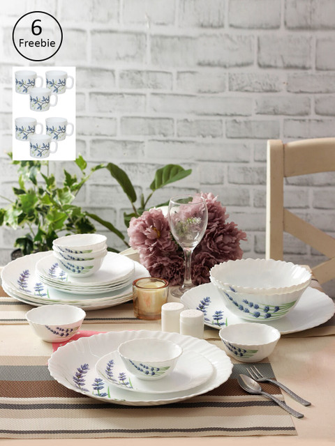 

Laopala White & Blue 35 Pcs Printed Opalware Dinner Set & 6 Pcs Coffee Mugs