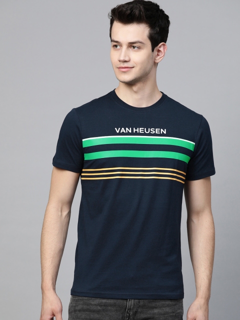 

Van Heusen Sport Men Navy Blue & Green Striped Round Neck T-shirt