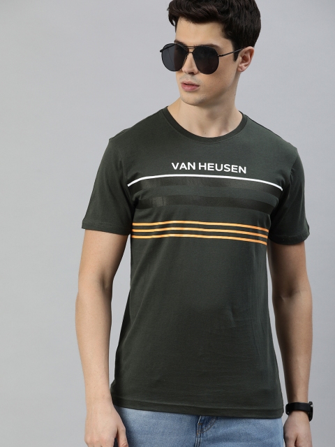 

Van Heusen Sport Men Olive Green Striped Round Neck Pure Cotton T-shirt
