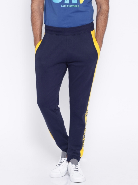 

Smiley World Men Navy Blue & Yellow Side Striped Joggers with Printed Detail
