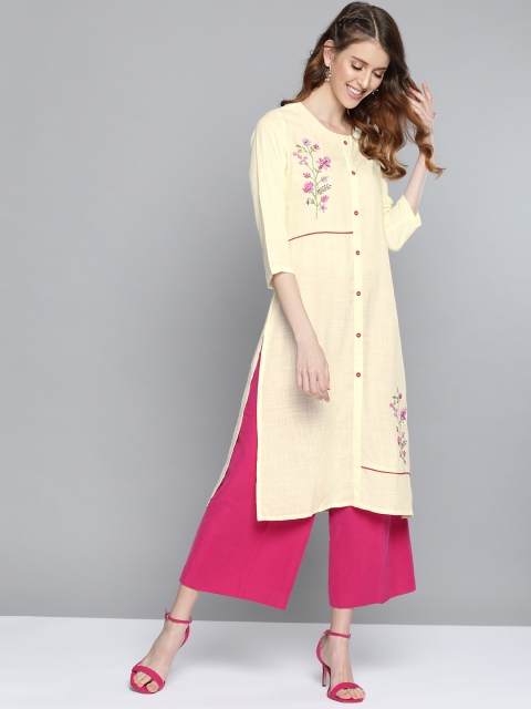 

HERE&NOW Women Yellow Floral Embroidered Straight Kurta