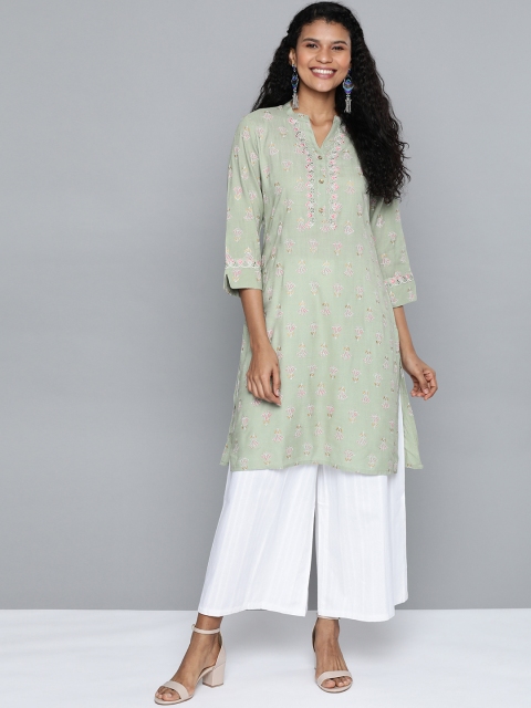 

HERE&NOW Women Sea Green & Pink Printed Straight Kurta