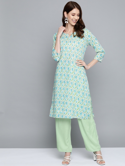 

HERE&NOW Women White & Blue Printed Straight Kurta