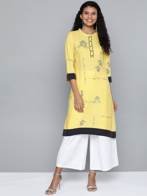 

HERE&NOW Women Yellow & Navy Blue Quirky Print Straight Kurta