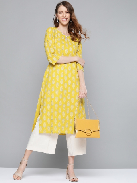 

HERE&NOW Women Yellow & Silver Printed Straight Kurta