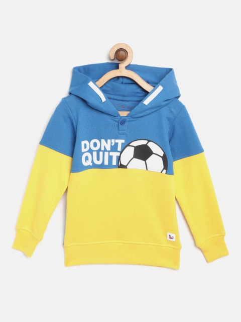 

Miss & Chief Boys Blue & Yellow Printed & Colourblocked Hooded Sweatshirt