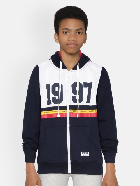 

Provogue Boys White & Navy Blue Printed Hooded Sweatshirt