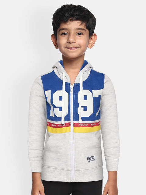 

Provogue Boys Grey Melange & Blue Printed Hooded Sweatshirt