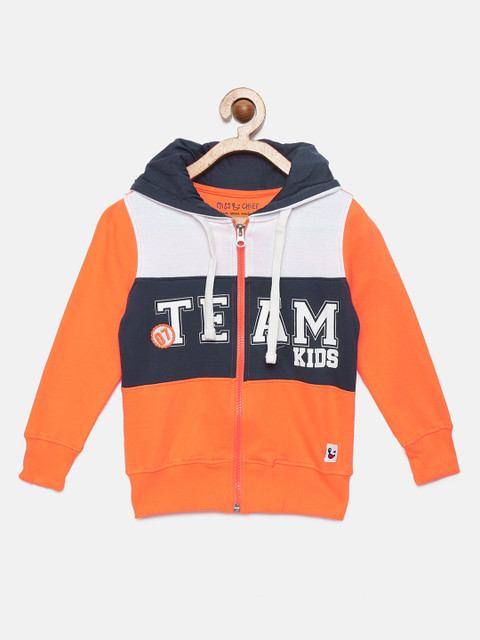 

Miss & Chief Boys Orange & Navy Blue Colourblocked Hooded Sweatshirt