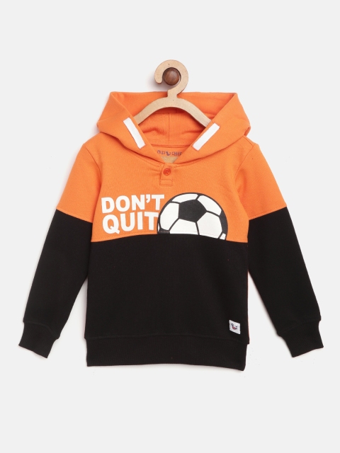 

Miss & Chief Boys Orange & Black Printed & Colourblocked Hooded Sweatshirt